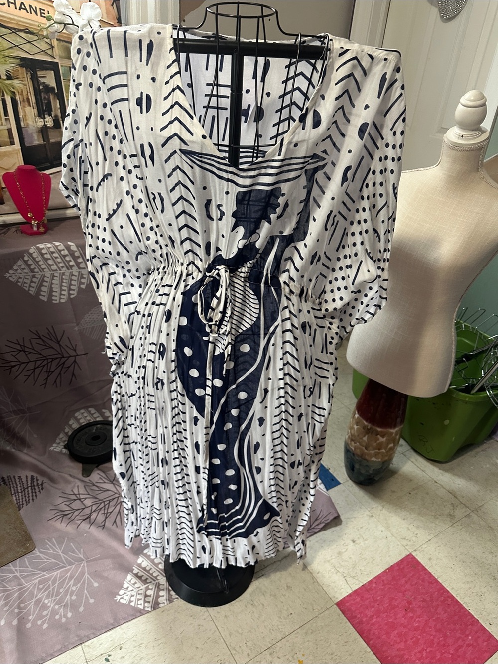 Women's Navy & White Printed Drawstring Dress